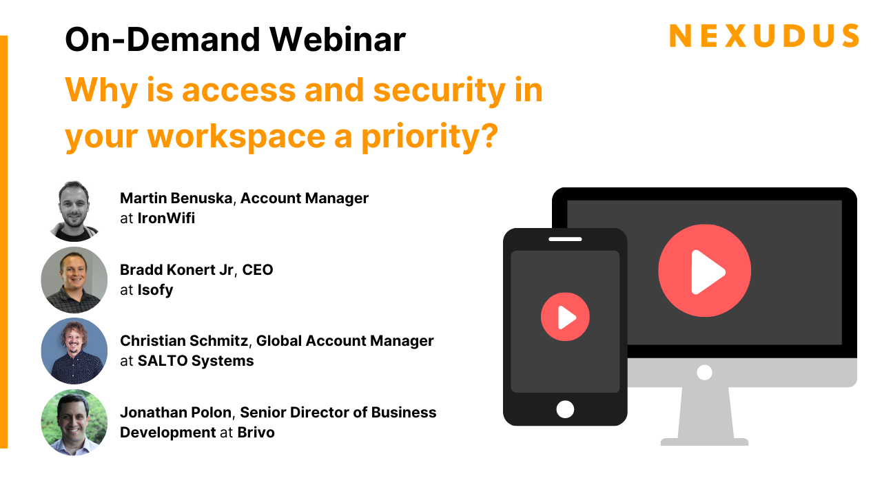 Nexudus On-Demand Webinars: Why is access and security in your workspace a priority? Graphic of phone and computer screen with a play button